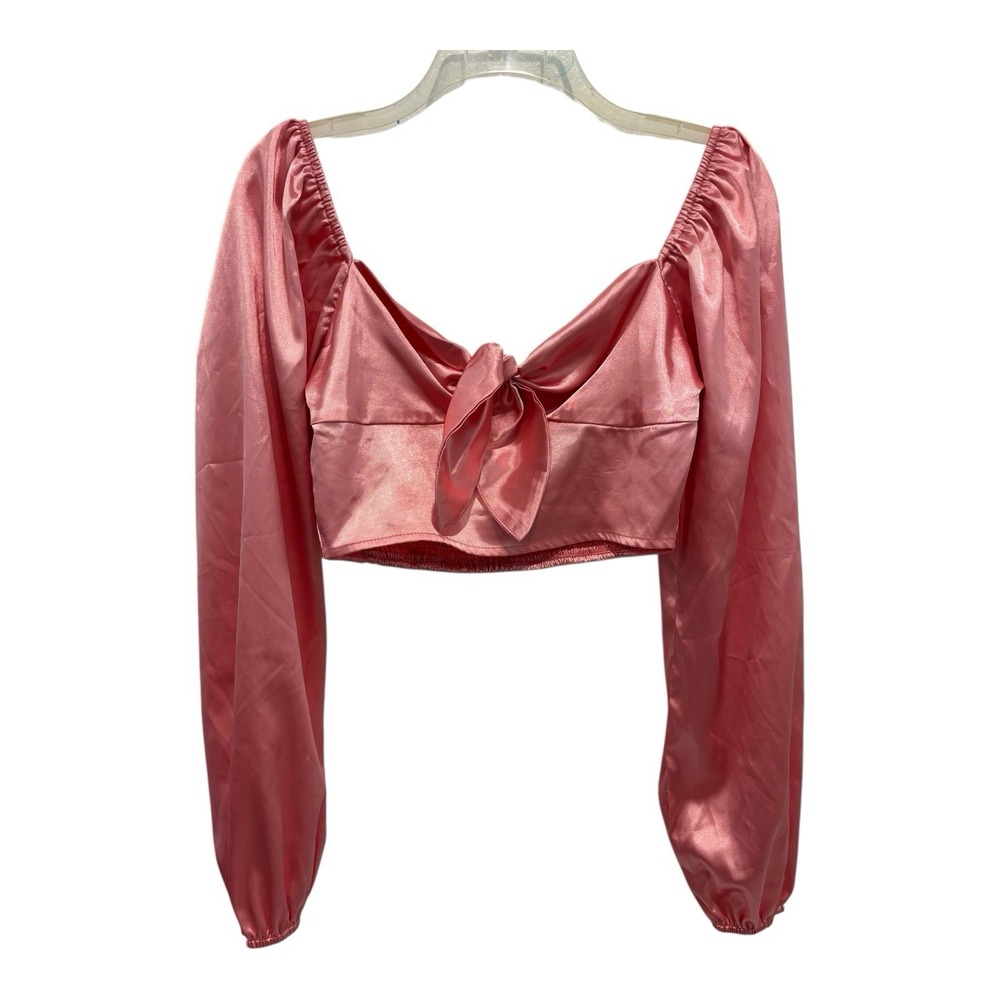 Womens Crop Top XS Pink Satin Bow Front Long Balloon Sleeves Smocked Back